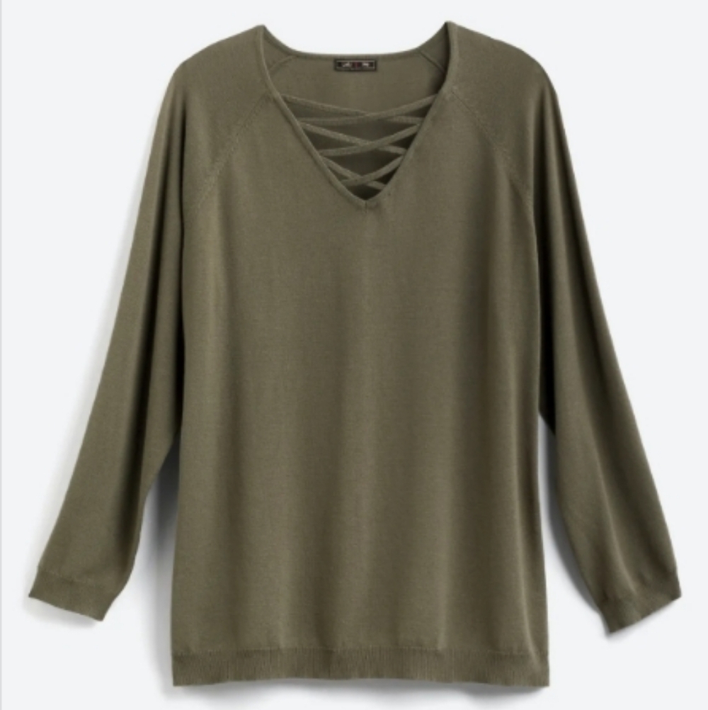 EUC Women's V-Neck Olive Green Sweater | 2X Plus | Cross Neck Detail